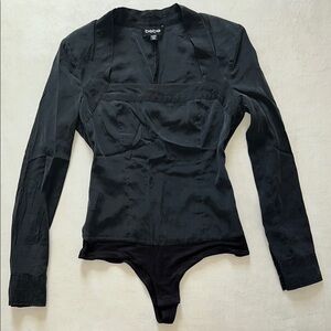 Bebe XXS Silk Black Square Neck Bodysuit Shoulder Pads